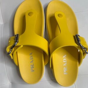 Authentic Prada Yellow Fussbet thong Slide Sandals with Silver Buckle